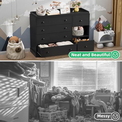 Kids Dresser Cabinet with 6 Drawers, Changing Table for Nursery with Shelf, Multi-Functional Chest of Drawers, Kids Bedroom Furniture, Nightstand for Children's Room, Black - color: Black