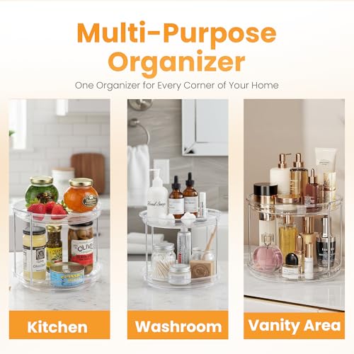 Oizeir 2 Tier Lazy Susan Organizer for Cabinet, Clear Acrylic Rotating Spice Rack Turntable for Kitchen, Pantry, Countertop, Bathroom, Vanity – Double Tier Storage Carousel with Metal Supports - size: 1-Pack