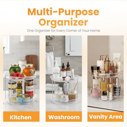 Oizeir 2 Tier Lazy Susan Organizer for Cabinet, Clear Acrylic Rotating Spice Rack Turntable for Kitchen, Pantry, Countertop, Bathroom, Vanity – Double Tier Storage Carousel with Metal Supports - size: 1-Pack