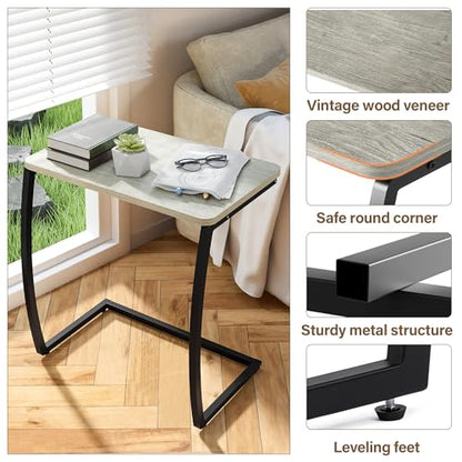 SRIWATANA Light Grey C Shaped Side Table, End Table for Sofa Couch Bedside | Space-Saving C-Table Slides Under Sofa; Sturdy Wood & Metal Frame with Adjustable Feet for Laptop, Coffee, and Snack Use - color: Light Grey