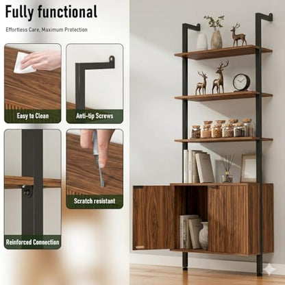 74" Tall Bookshelf with Storage Cabinet, Modern Ladder Shelf with Wood and Metal Frame, Wall Mount Bookcase Open Display Shelf Furniture for Living Room, Bedroom, Home Office, Walnut - color: Walnut