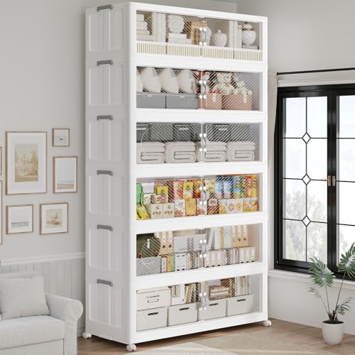 240GAL Plastic Storage Bins with Lid, 960QT Extra Large Stackable Closet Organizers and Storage, Collapsible Storage Boxes with Wheels, Folding Cabinet for Home Kitchen Office, 6Pack White - color: White, size: 40Gal-6Pack