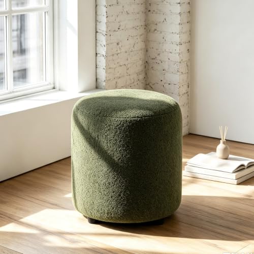 Modern Round Vanity Stool, Small Ottoman, Cute Fabric Foot Stool, Teddy Fleece Footrest, Upholstered Vanity Chair, Stool for Makeup, Bedroom, Living Room (2, Round-Dark Green) - color: Round-dark Green