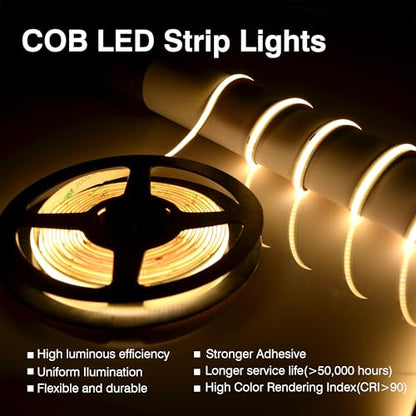 Pandery COB LED Strip Lights Warm White,24V Dimmable led Light Strip KIT with Remote and app Control,3000K 25FT/7.5m 8mm Wide Ra>90 Cuttable Flexible Strip Lights for Bedroom,Wardrobe,Cabinet - color: 3000K Warm white, size: 25FT