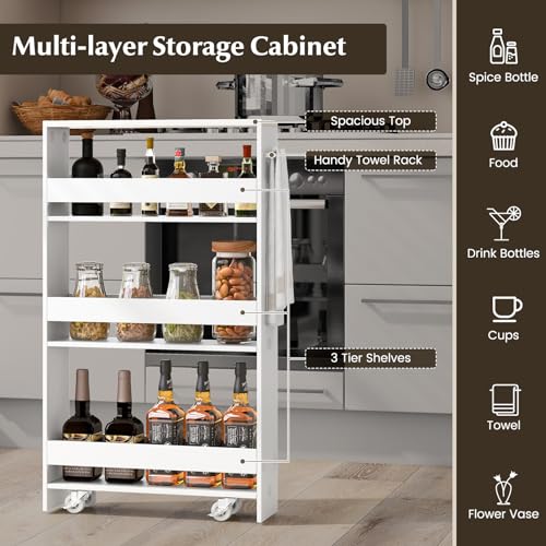 Slim Storage Cart, 4-Tier Rolling Cart with Handle & Wooden Top for Kitchen Bathroom Laundry Living Room Narrow Small Spaces, 5 Inches Width (Plain White) - color: Plain White