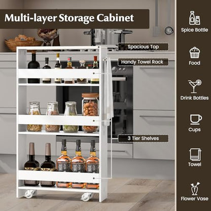Slim Storage Cart, 4-Tier Rolling Cart with Handle & Wooden Top for Kitchen Bathroom Laundry Living Room Narrow Small Spaces, 5 Inches Width (Plain White) - color: Plain White