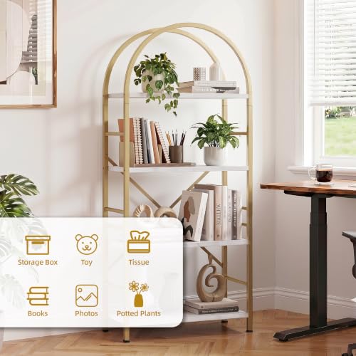 Vongrasig Industrial Arched Bookshelf, 4 Tier Open Bookcase | Sturdy Wood and Metal Display Standing Shelf for Home Office, Living Room, Bedroom, White Gold - color: White Gold