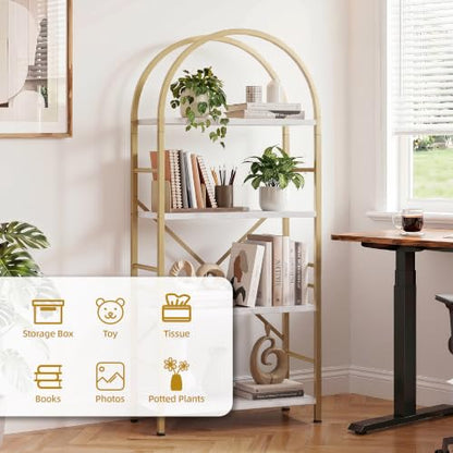 Vongrasig Industrial Arched Bookshelf, 4 Tier Open Bookcase | Sturdy Wood and Metal Display Standing Shelf for Home Office, Living Room, Bedroom, White Gold - color: White Gold