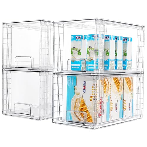 Vtopmart 4 Pack Stackable Clear Pantry Storage Drawers, Large | Large Clear Drawers with Handles. Stackable, Easy to Assemble, Non-slip and Sturdy for Pantry, Kitchen, Cabinet & Bathroom. - size: 4Pack 7"H