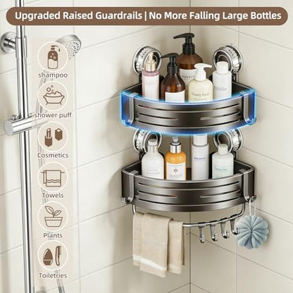 Suction Cup Corner Shower Caddy, No Drill, 2 Tier, Gray | Aluminum, With Hooks, Floating Rack for Inside, Bathroom Wall Shelf Organizer - style: Suction Cup Corner Shower Caddy ,2 Tier ,Gray