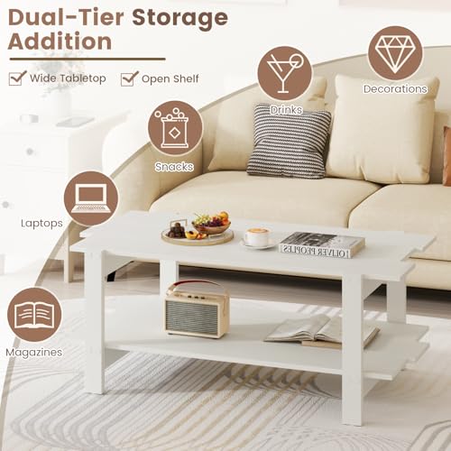 Giantex Coffee Table with Storage, 45 Inch Modern Center Table with Slatted Design & Side Rail Support, Rectangular Living Room Table for Small Spaces, White - color: White