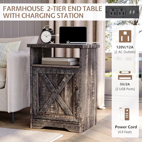 3 Piece Living Room Table Set with Barn Door, Black Oak | Includes Coffee Table and 2 End Tables, Charging Station &USB Ports, Rustic Farmhouse Style, Living Room Furniture Set - color: Black Oak