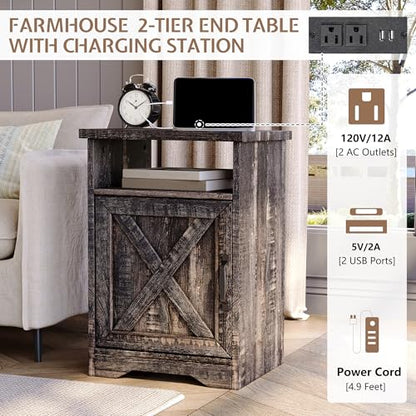 3 Piece Living Room Table Set with Barn Door, Black Oak | Includes Coffee Table and 2 End Tables, Charging Station &USB Ports, Rustic Farmhouse Style, Living Room Furniture Set - color: Black Oak