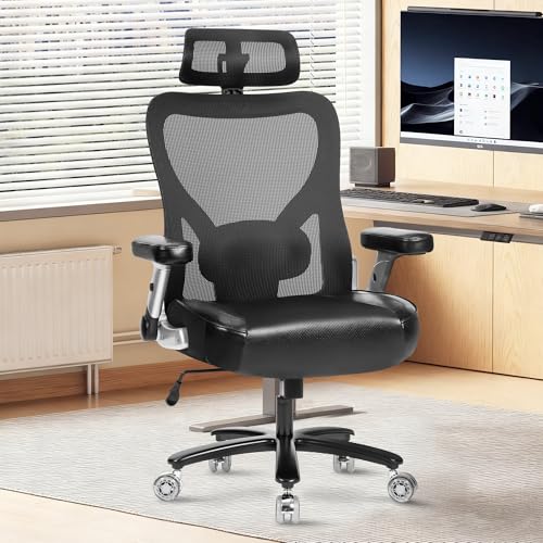 Super Big and Tall Office Chair 700lbs- Heavy Duty Executive Computer Chair with Rubber Wheels 3D Flip Arms, Ergonomic Mesh High Back Desk Chair, Extra Wide Seat Adjustable Lumbar Support & Headrest - size: 700LBS