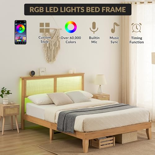 GarveeHome Rattan Bed Frame Full, Full Size Boho Bed Frame with Natural Rattan Headboard, Full Size Bed with Led Lights, Wooden Support Legs and Slats, Noise-Free, No Box Spring Needed - size: Full