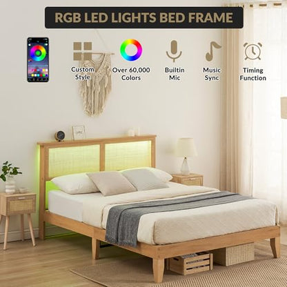 GarveeHome Rattan Bed Frame Full, Full Size Boho Bed Frame with Natural Rattan Headboard, Full Size Bed with Led Lights, Wooden Support Legs and Slats, Noise-Free, No Box Spring Needed - size: Full