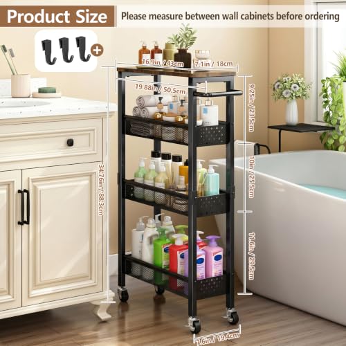 Slim Storage Cart with Wheels, 4 Tier Metal Rolling Organizer with Wood Top and Handle, Narrow Utility Shelf for Kitchen Bathroom Laundry Room, Black - color: Black-7.1inch