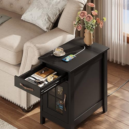 WLIVE End Table with Charging Station, Narrow Side Table for Living Room, Farmhouse Night Stand with Storage, Small Wooden Cabinet Nightstand with USB Ports and Outlets, 23.62" D x 13.78" W x 23.62" H - color: Black