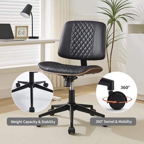 VipDesk Modern Black Home Office Chair – Armless Mid-Back Desk Chair with PU Leather, Adjustable Height, Swivel Wheels, Walnut Wood Finish, Perfect for Small Spaces - color: Black, size: MCM Style