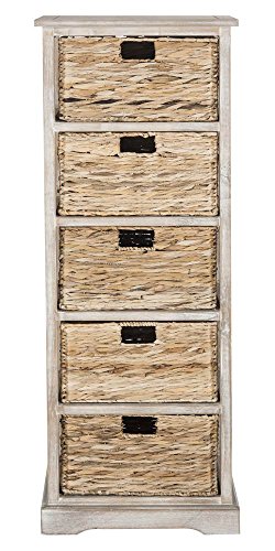 SAFAVIEH Furniture - Vedette 5-Basket Storage Tower - White Washed - Solid Wood - Coastal Basket Tower Design - Ideal for Entryway, Living Room, 17.5"W x 13.5"D x 46"H - Fully Assembled (AMH5739E) - color: White Washed
