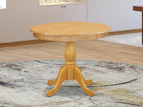 BOWERY HILL Traditional Round Wood Dining Table, Oak Finish, 30" H x 36" W x 36" D, Pedestal Legs, Solid Asian Construction, Elegant Design for Kitchen or Dining Room - color: Oak