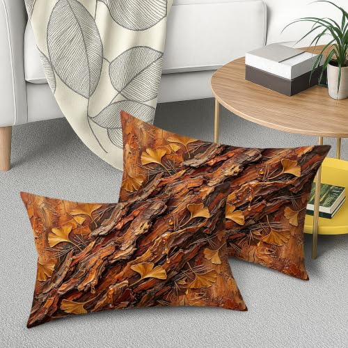 Ginkgo Leaves Throw Pillow Covers Set of 2, Natural Rustic Bark Texture Wood Grain Fall Brown Soft Velvet Washable Couch Pillow Covers for Living Room Apartment Bed Sofa Decor 20x12 Inch - size: 20" x 12" (Pack of 2)