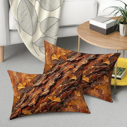 Ginkgo Leaves Throw Pillow Covers Set of 2, Natural Rustic Bark Texture Wood Grain Fall Brown Soft Velvet Washable Couch Pillow Covers for Living Room Apartment Bed Sofa Decor 20x12 Inch - size: 20" x 12" (Pack of 2)