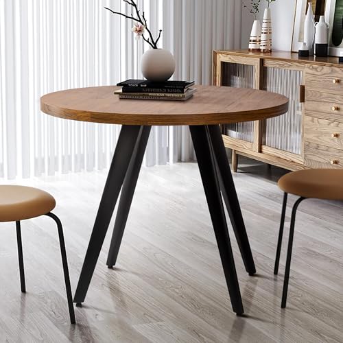Round Dining Table for 2, 31.5" Small Kitchen Circle Table Space-Saving | Brown Mid-Century Modern with 1.4" thick Walnut-grain Top, Kitchens, Dining Rooms, Apartments, Breakfast Nooks - color: Brown