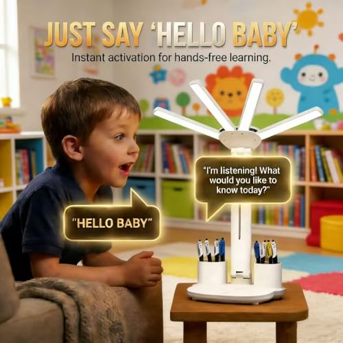 AI Smart Talking Desk Light with Clock,Interactive Talking Storyteller & Educational Companion, Adjustable Foldable Table Lamp with Pen Holder, 3 Brightness Levels, USB Charging Port