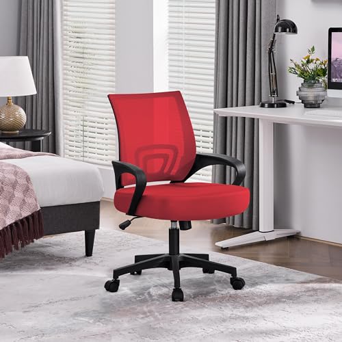 Yaheetech Mid Back Mesh Computer Office Desk Chair Adjustable Swivel, Red | Breathable mesh back and foam padded seat for comfortable work at home or office; steel frame holds 300 lb, easy assembly. - color: Red