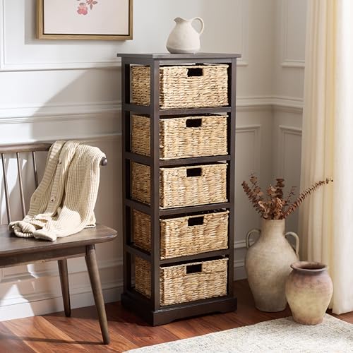 SAFAVIEH Furniture - Vedette 5-Basket Storage Tower - Dark Chocolate - Solid Wood - Coastal Basket Tower Design - Ideal for Entryway, Living Room, 17.5"W x 13.5"D x 46"H - Fully Assembled (AMH5739F) - color: Dark Chocolate