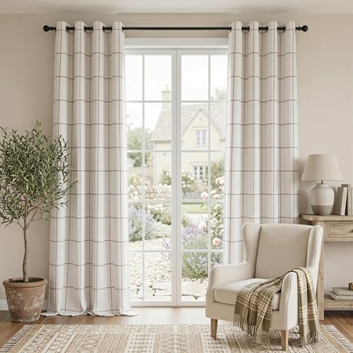 MYSKY HOME 100% Blackout Plaid Linen Farmhouse Curtains 72 Inch Length 2 Panels Set Double Layer Thermal Insulated Black Out Checkered Patterned Window Treatment, 2 Pcs, 52" Wide Each Panel, Brown - color: Brown, size: 52"W x 72"L (Pack of 2)