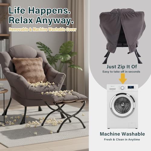 Lazy Chair with Ottoman, Comfy Reading Chair for Bedroom，Grey | Comfy Bedroom Accent Chair with Washable Removable Cover and extra throw pillow for Living Room Dorm - color: Shadow Grey