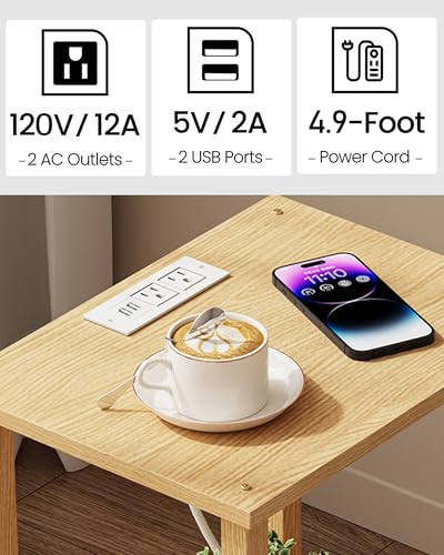 TUTOTAK End Table with Charging Station, Side Table Set of 2, Nightstand | 2-Tier Storage Shelf, Bedside Table with USB Ports, Sofa Table for Small Space, Livingroom, Bedroom Natural TB01BN041 - color: Natural
