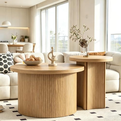 Mxtxmy Round Nesting Coffee Table Set of 2,Coffee Tables for Living Room | Round Coffee Tables with Wood Finish,Stackable Coffee Table Set,Rustic Sofa Side Table,Living Room Bedroom (Large Size) - color: Large Size