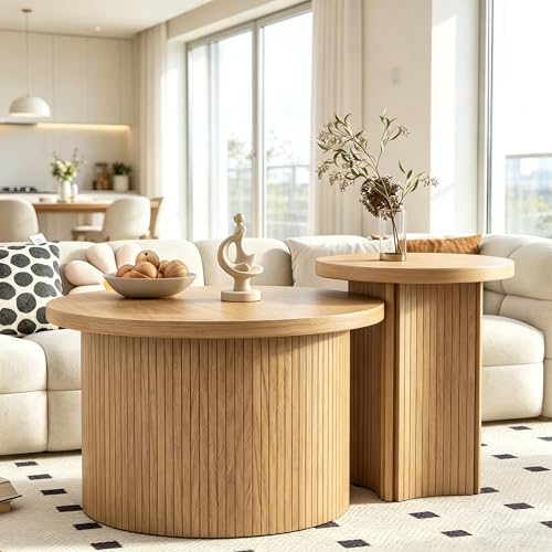 Mxtxmy Round Nesting Coffee Table Set of 2,Coffee Tables for Living Room | Round Coffee Tables with Wood Finish,Stackable Coffee Table Set,Rustic Sofa Side Table,Living Room Bedroom (Large Size) - color: Large Size