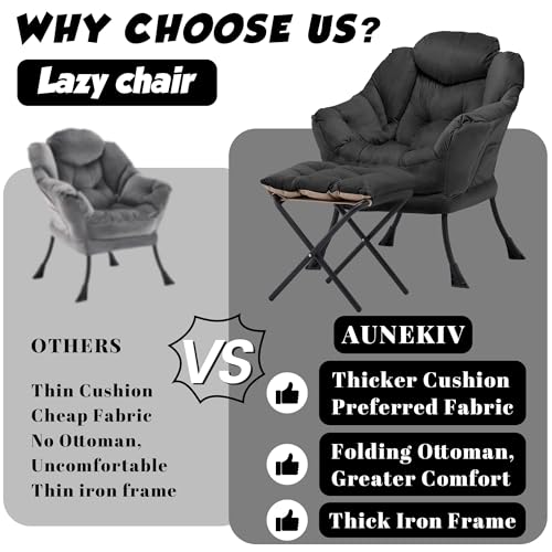 Lazy Chair with Ottoman, Comfy Reading Chair, Black | Cushioned Seat with Foldable Ottoman and Side Pocket, Lounge Chair for Bedroom, Living Room, Dorm and Small Spaces - color: Black