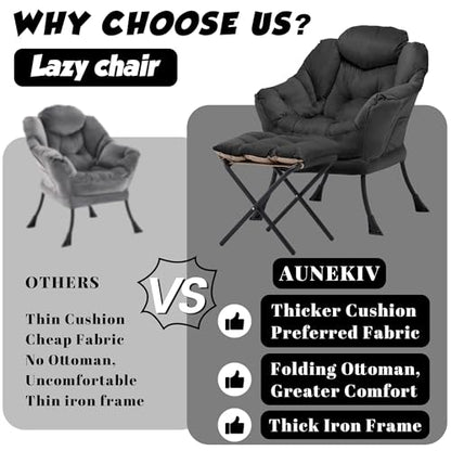 Lazy Chair with Ottoman, Comfy Reading Chair, Black | Cushioned Seat with Foldable Ottoman and Side Pocket, Lounge Chair for Bedroom, Living Room, Dorm and Small Spaces - color: Black