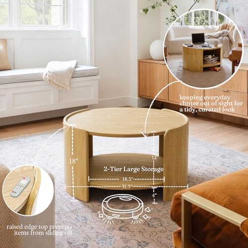 Oak Round Coffee Table, 2-Tier 31.5" Open Storage Modern Center Table | Wooden Circle Coffee Table with Shelf & Curved Legs for Living Room, Home Office, Reception Room, Apartment, Natural - color: Natural