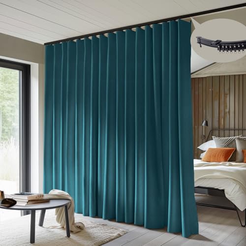Room Divider Curtains with Flexible Ceiling Curtain Tracks Set,100% Blackout Floor to Ceiling Curtains Patio Sliding Door Curtains (Azure Blue Drape & Black Rail W 12.5 × H 8 FT) - color: Azure Blue, size: 150"W x 96"L (Pack of 1)