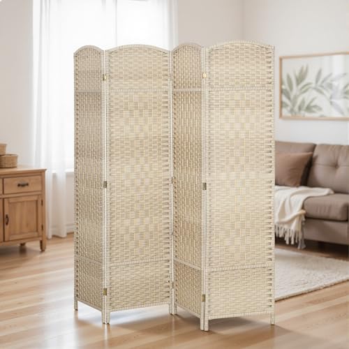 HOMCOM 4 Panel Room Divider 6 Ft Privacy Screen Hand-Woven Washed Oak | Folding PP Wall Partition, Pine Wood Frame, Freestanding Room Separator, Bedroom Home Office, No Assembly - color: Washed Oak, size: 4 Panel