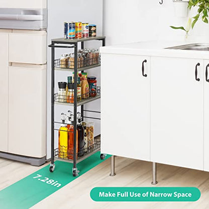 YBING Slim Storage Cart 4 Tier Narrow Rolling Cart, 7.3'' Wide | Mobile Kitchen Narrow Cart, Wooden Tabletop, With Handle, For laundry Living Room, Grey - color: Grey