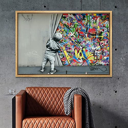 wall26 Framed Canvas Print Wall Art Banksy British Artist Kid Spray Paint Curtain Illusion Graffiti & Street Art Urban Illustrations Modern Art Boho for Living Room, Bedroom, Office - 16"x24" Natural - color: A12-2204-ma05114, size: 24"L x 16"W