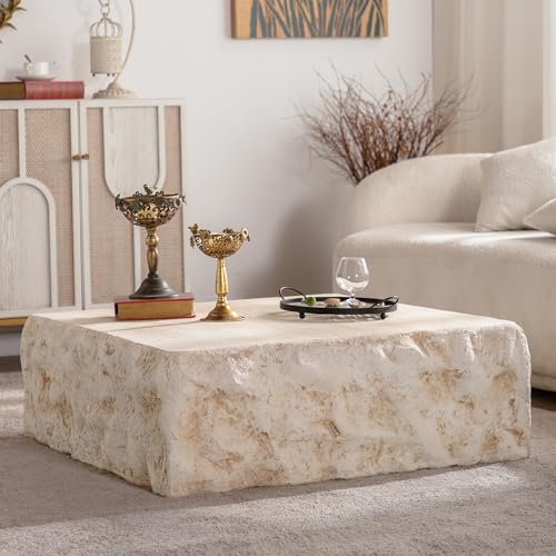 35.43'' Square Faux Stone Coffee Table, MgO Concrete Drum Center Table, Modern Minimalist Faux Marble Square Coffee Table for Living Room, Apartment, Office, No Assembly, Beige - color: 35.43'' Square Beige