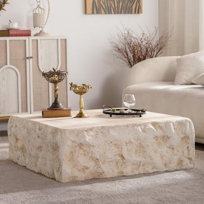 35.43'' Square Faux Stone Coffee Table, MgO Concrete Drum Center Table, Modern Minimalist Faux Marble Square Coffee Table for Living Room, Apartment, Office, No Assembly, Beige - color: 35.43'' Square Beige