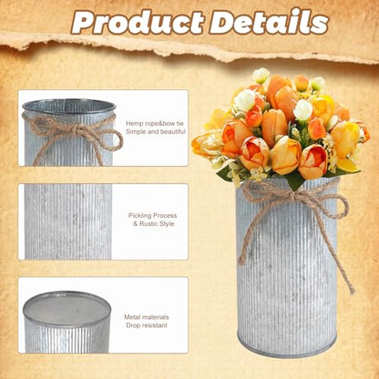 6" High Rustic Metal Mason Jar Vase Centerpiece for Table, Silver, 6 pcs | Leakproof, Galvanized metal, With twine bow, for wedding / parties / home/ office, For fresh & fake flowers, Utensil holder‌ - color: Silver