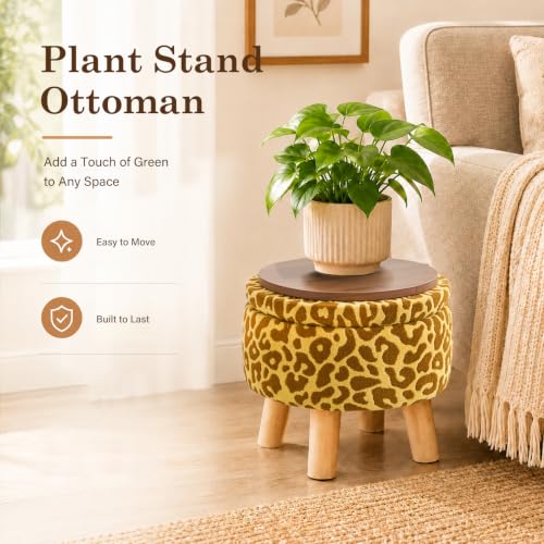 Wimarsbon Storage Ottoman, Modern Round Footrest with Soft Padded Seat, Pattern Velvet Footstool with Wood Legs, Accent Small Table or Plant Stand for Hallway, Living Room (Yellow) - color: Yellow