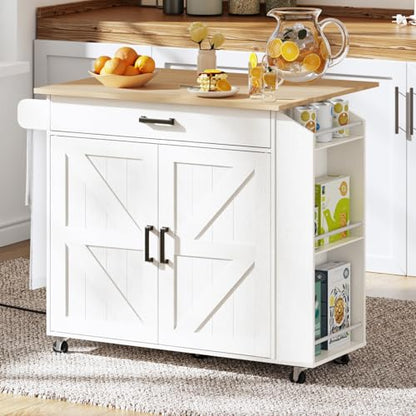 HOOBRO Kitchen Island with Drop Leaf Countertop & Power Outlet, Rolling Island Cart on Wheels, Kitchen Cart with Drawer & Spice Rack, Mobile Island Table for Kitchen, White and Natural WN86UZD01 - color: Natural + White