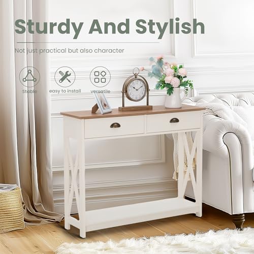 PHI VILLA White Entryway Table, Narrow Console Table with Drawers, 2 Tiers - color: Ivory 2