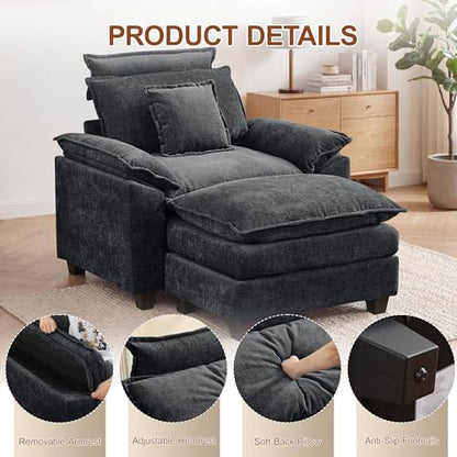 46'' Oversized Chaise Lounge with Ottoman, Cloud Oversized Accent Sofa Chair with Detachable Headrest, Double Thicked Cushion Lounge Armchair for Living Room, Bedroom, Dark Grey - color: Dark Grey, size: Chaise Lounge Chair